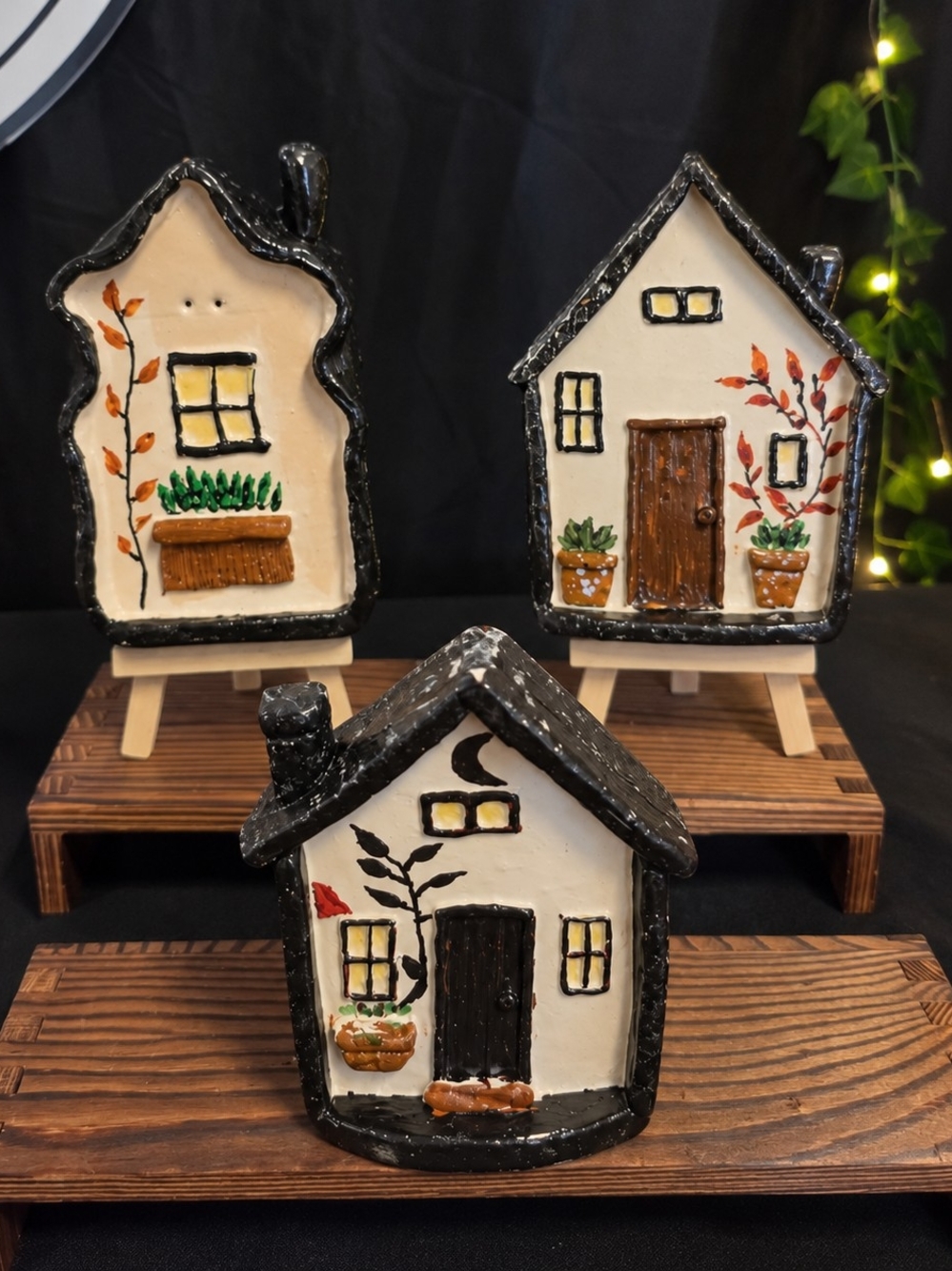 Handcrafted Ceramic House Figurines in Cream, Black and Brown - Set of 3